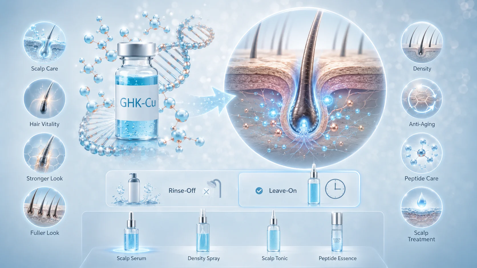 Illustration of GHK-Cu peptide solution showing benefits for scalp and hair, such as vitality, density, anti-aging, and treatment.